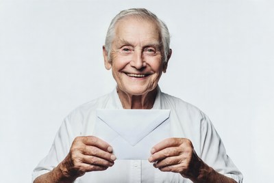 Elderly man holding white envelope