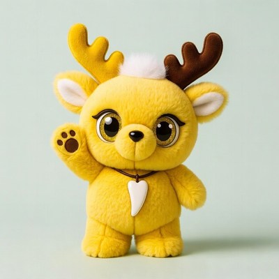 Cute yellow reindeer plush waving