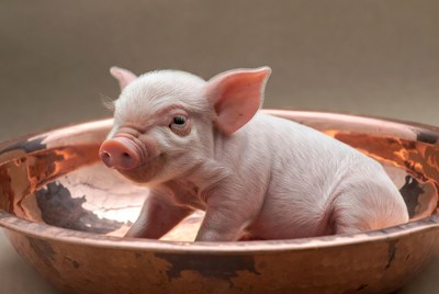 Baby pig in copper bowl