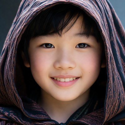 Asian boy smiling in hooded robe
