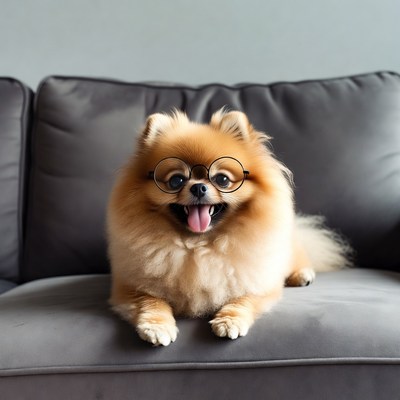 Pomeranian dog wearing glasses on couch