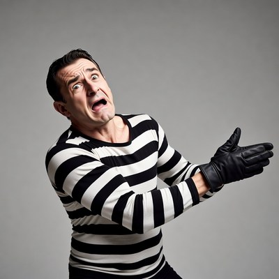 Man in striped burglar outfit with gloves