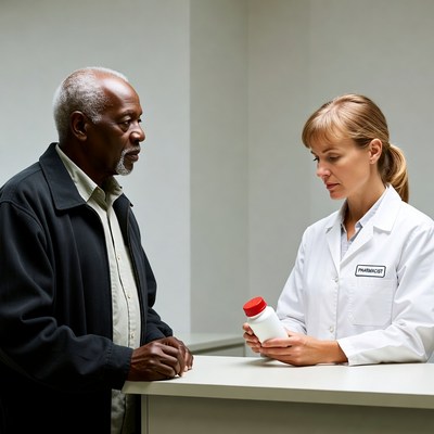 Pharmacist showing pill bottle to elderly man
