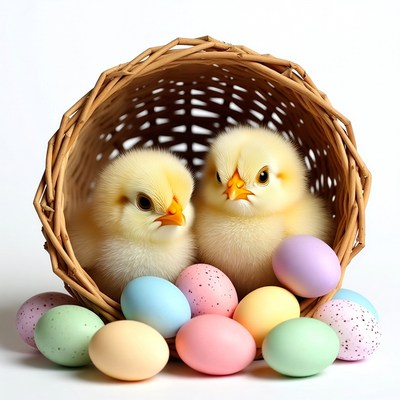 Two chicks in Easter basket with eggs