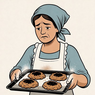 Woman holding burnt cookies on tray