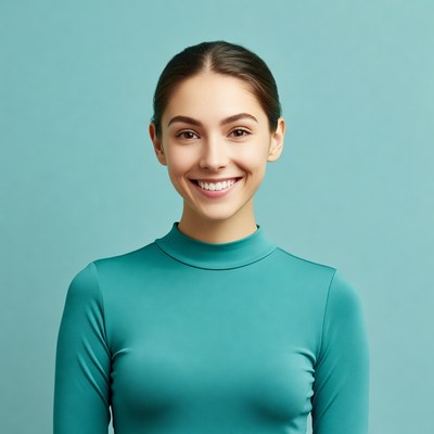 Smiling woman in turquoise turtleneck