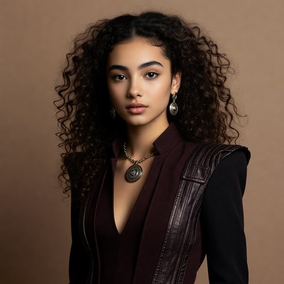 Young woman with curly hair and jewelry