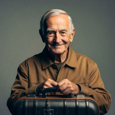 Elderly man holding suitcase