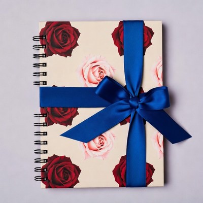 Rose Pattern Notebook with Blue Ribbon