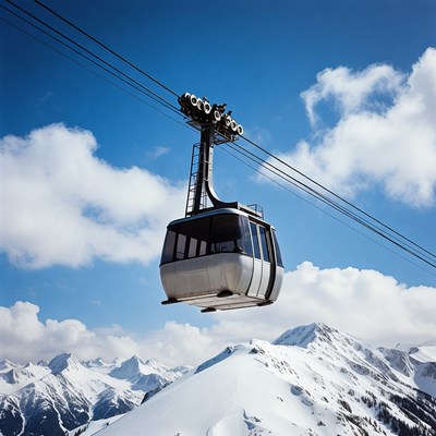 Aerial tramway gondola over snowy mountains