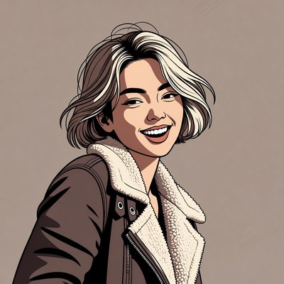 Smiling Asian woman in fur collar jacket