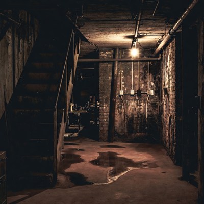Abandoned Basement with Stairs and Water