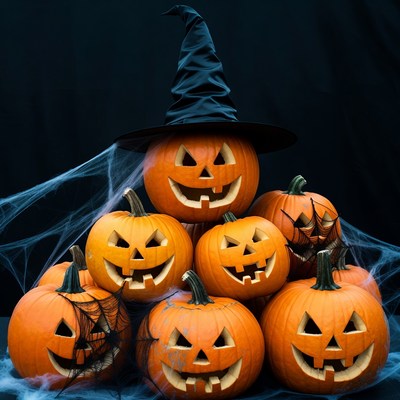 Stack of Jack-o-Lanterns with Witch Hat
