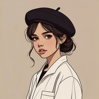Woman wearing black beret and white shirt