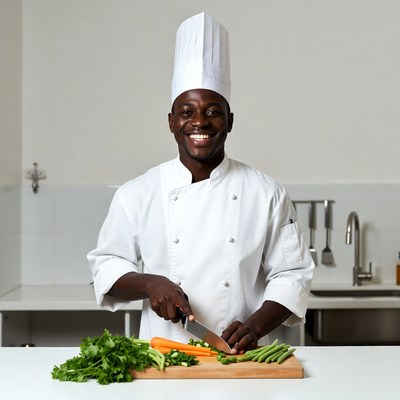 African-American chef chopping vegetables
