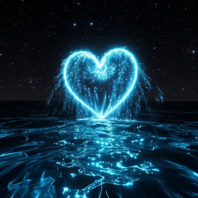 Glowing Blue Heart Over Water
