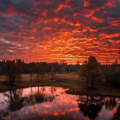 Vibrant Red Sunset Over Autumn Pond