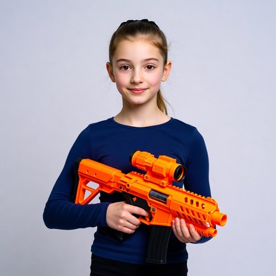 Girl holding orange toy gun