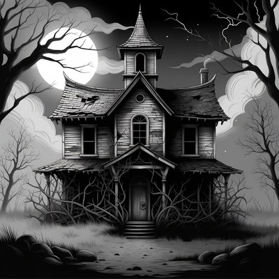 Haunted House Under Full Moon
