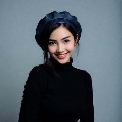 Asian woman in black beret smiling