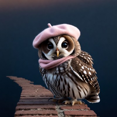 Owl wearing pink beret on pier