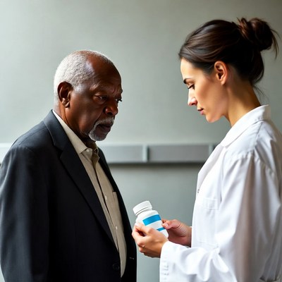 Doctor showing pill bottle to elderly man
