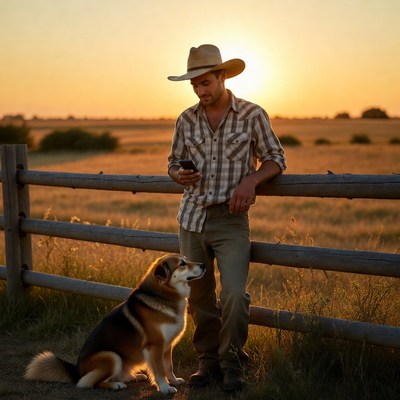 Cowboy with dog at sunset fence