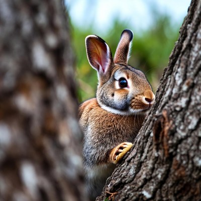 Rabbit peeking from behind tree