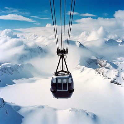 Aerial Cable Car Over Snowy Mountains
