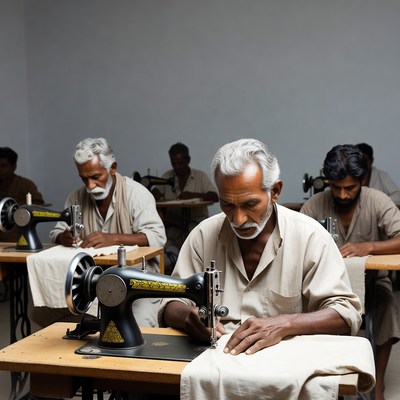 Indian men sewing clothes in workshop