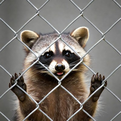 Raccoon peeking through chain link fence