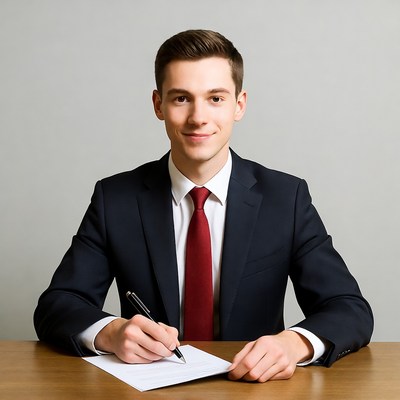 Young man signing document in suit