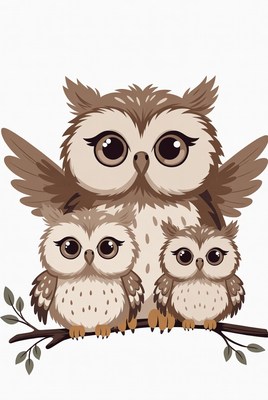 Mother Owl with Two Baby Owls