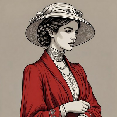 Victorian woman in red dress and hat