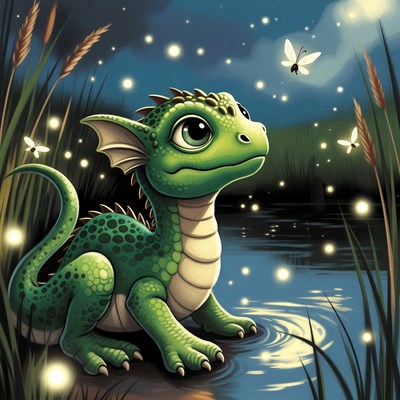 Cute baby dragon by pond