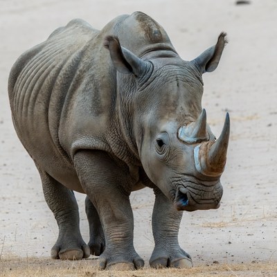 Baby rhino standing on sand