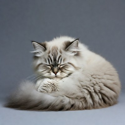 Fluffy Persian kitten sleeping curled up
