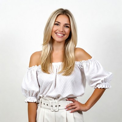 Smiling blonde woman in white off-shoulder top
