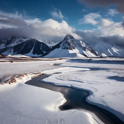 Snowy Mountains with Winding River