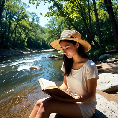 Asian woman reading book by river