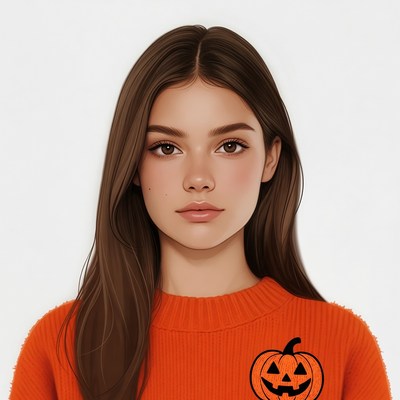 Woman in orange pumpkin sweater