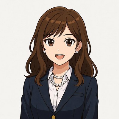 Anime woman in navy suit smiling
