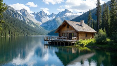 Log cabin by mountain lake