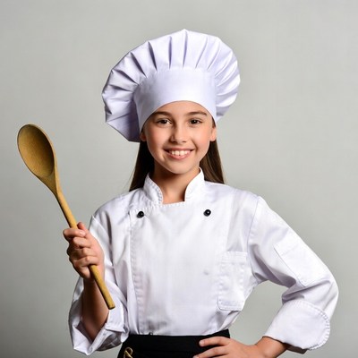 Girl in chef uniform holding wooden spoon