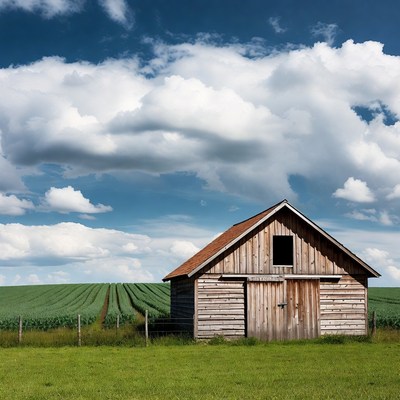 Wooden Barn in Green Fields