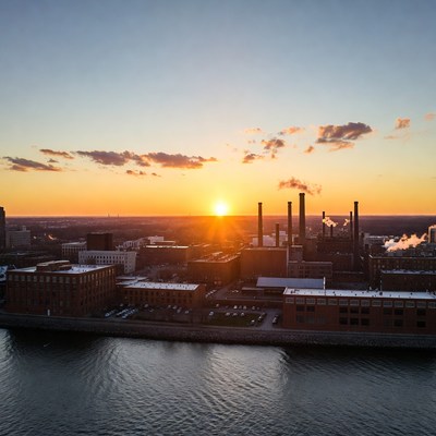 Industrial Complex at Sunset by River