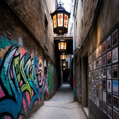 Graffiti-covered narrow alley with lanterns