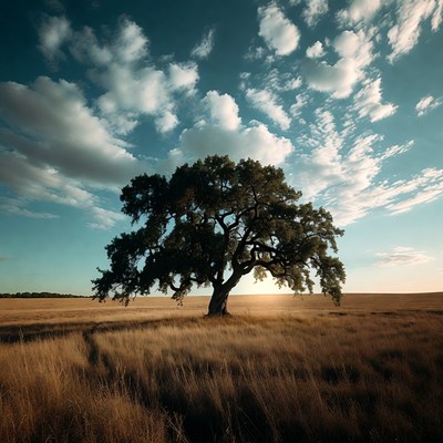Large Oak Tree in Golden Field