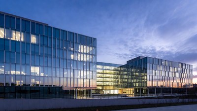 Modern Glass Office Buildings at Dusk