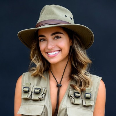 Woman in khaki hat and vest